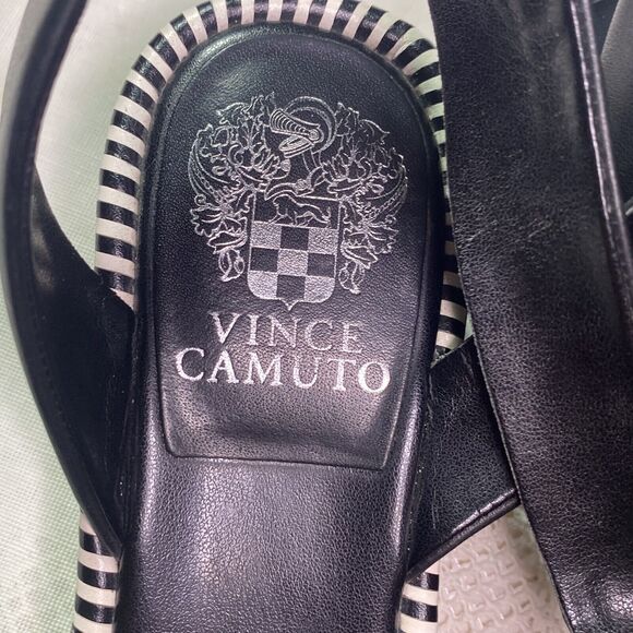 Vince Camuto Sandals Size 8.5 Leather Ankle Strap Low Wedge Heel Black Hook Loop - Picture 6 of 7